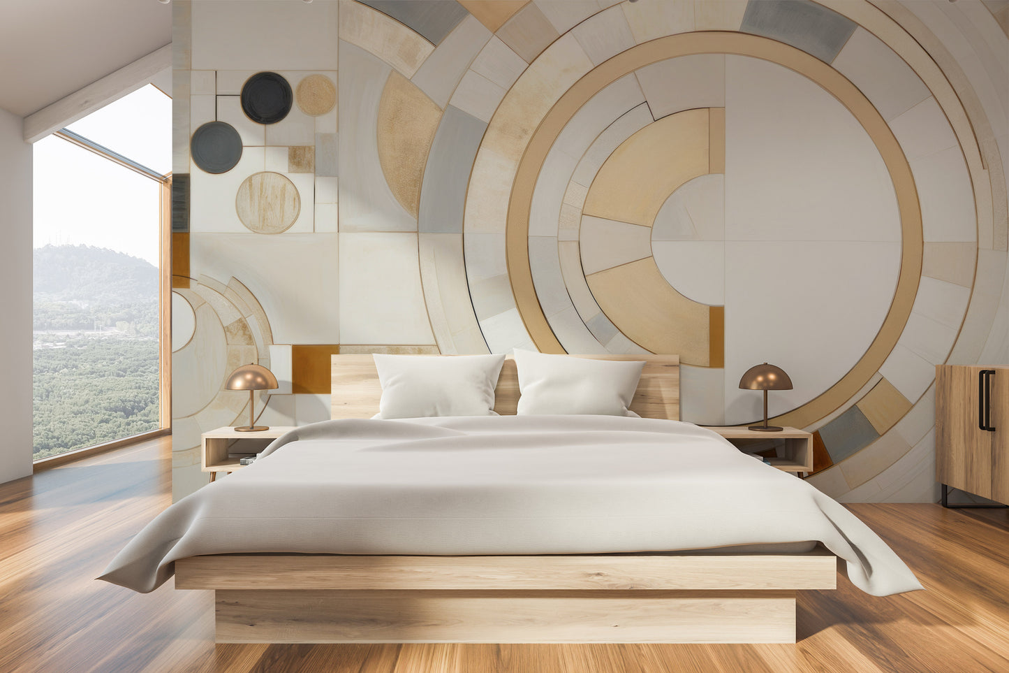 Zdjęcie prezentuje aranżację wnętrza z użyciem fototapety o nazwie GEOMETRIC ELEGANCE IN MONOCHROME pokazanej w aranżacji wnętrza.