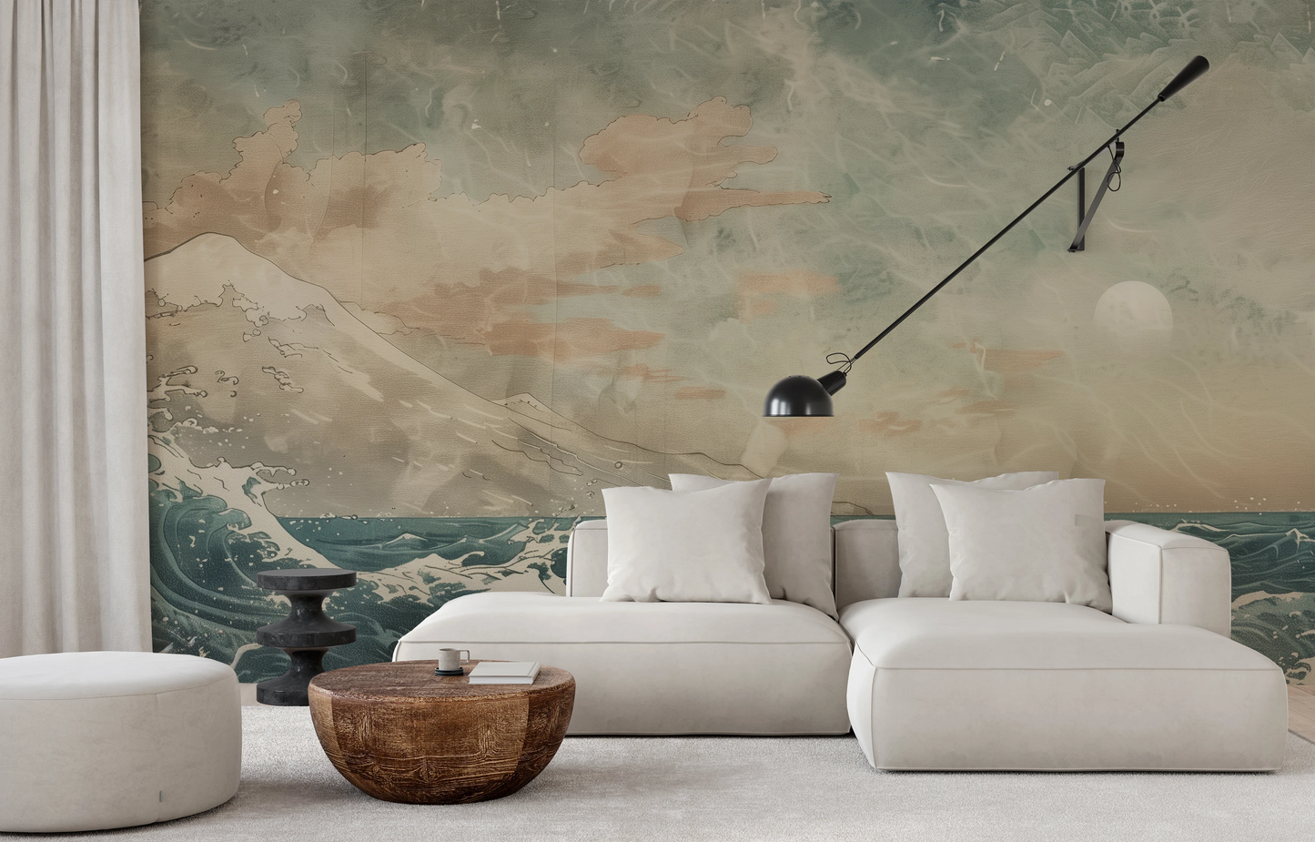 Wzór fototapety artystycznej o nazwie Celestial Ocean Calm pokazanej w aranżacji wnętrza.
