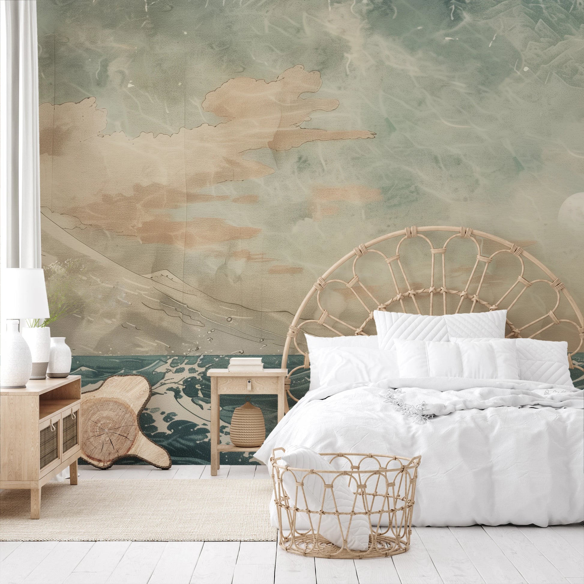 Wzór fototapety o nazwie Celestial Ocean Calm pokazanej w kontekście pomieszczenia.