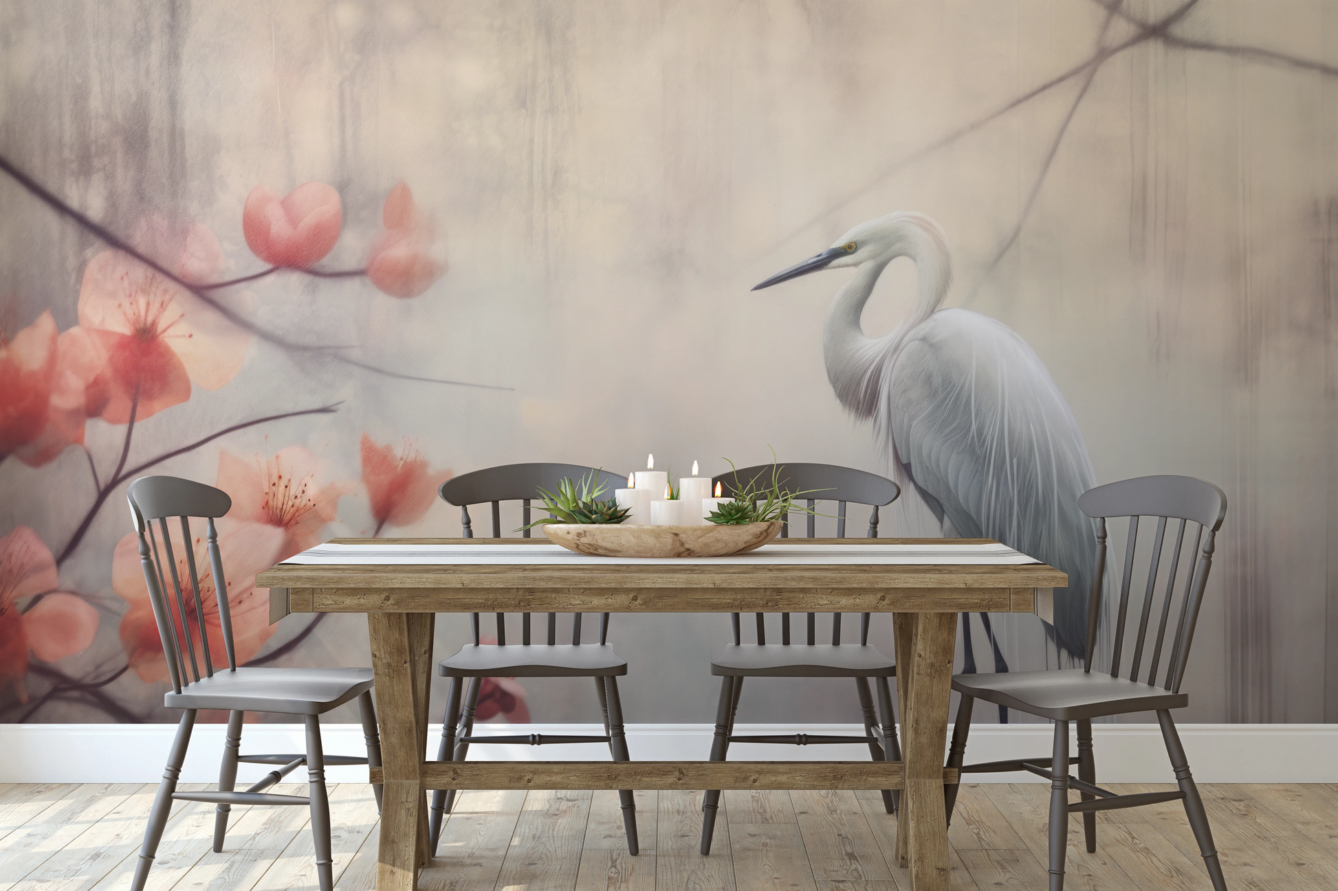Fototapeta artystyczna o nazwie Misty Blossom Scene pokazana w aranżacji wnętrza.