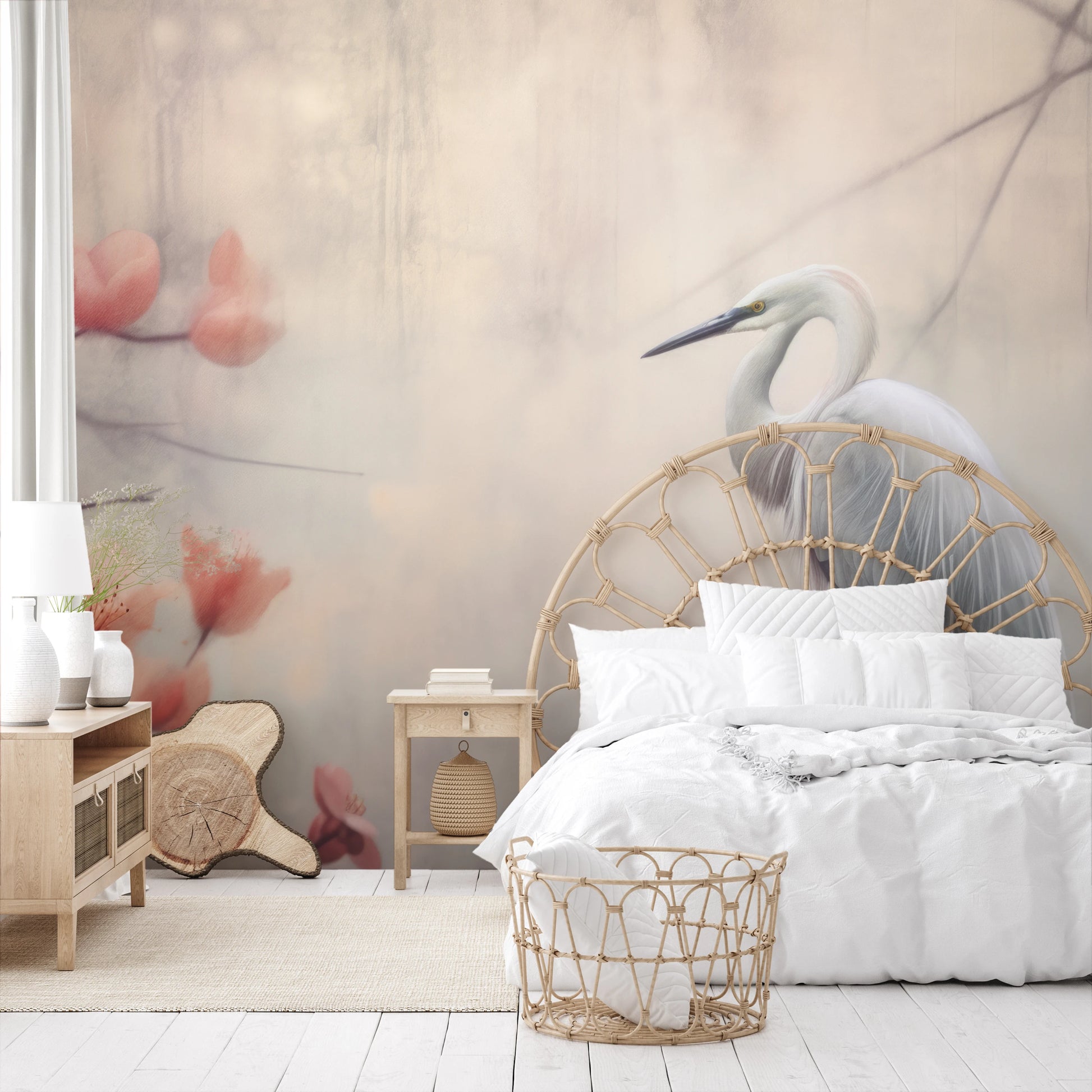 Wzór fototapety o nazwie Misty Blossom Scene pokazanej w kontekście pomieszczenia.