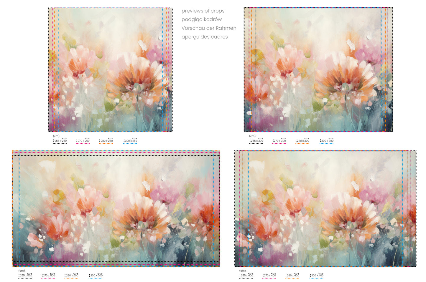 Na obrazie znajduje się prezentacja przykładowych rozmiarów fototapety o nazwie Pastel Petal Hues. Rozmiar fototapety jest dowolny.