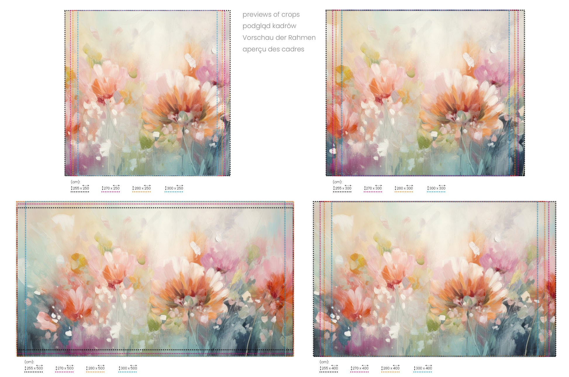 Na obrazie znajduje się prezentacja przykładowych rozmiarów fototapety o nazwie Pastel Petal Hues. Rozmiar fototapety jest dowolny.