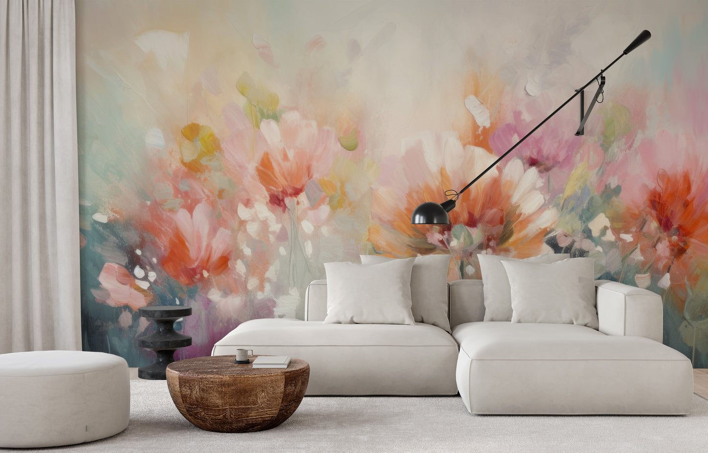 Wzór fototapety artystycznej o nazwie Pastel Petal Hues pokazanej w aranżacji wnętrza.