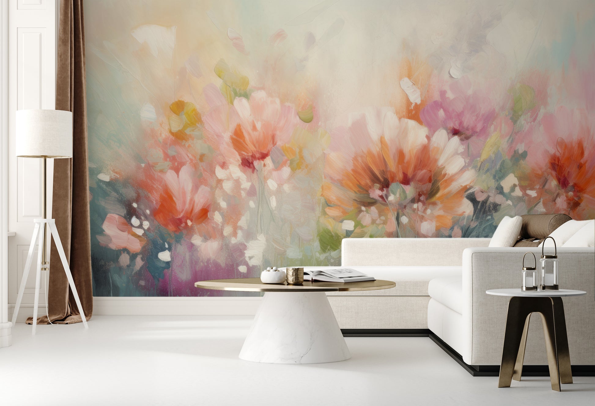 Wzór fototapety malowanej o nazwie Pastel Petal Hues pokazanej w aranżacji wnętrza.