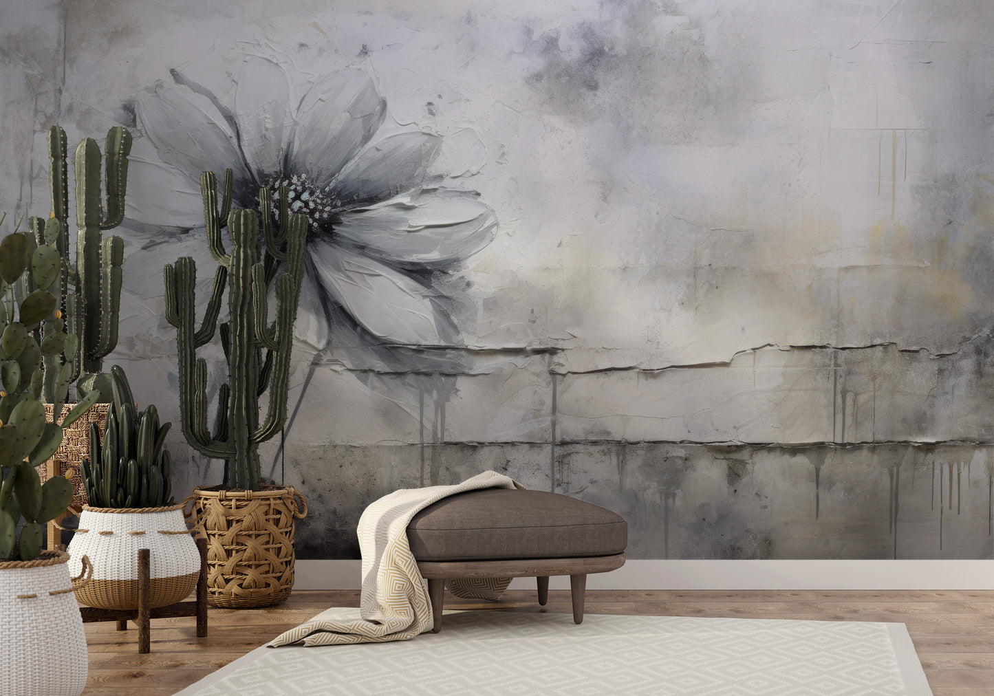 Wzór fototapety o nazwie SILVER BLOSSOM ABSTRACT pokazanej w kontekście pomieszczenia.