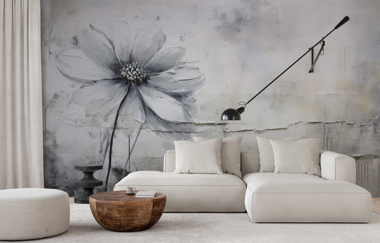 Zdjęcie prezentuje aranżację wnętrza z użyciem fototapety o nazwie SILVER BLOSSOM ABSTRACT pokazanej w aranżacji wnętrza.