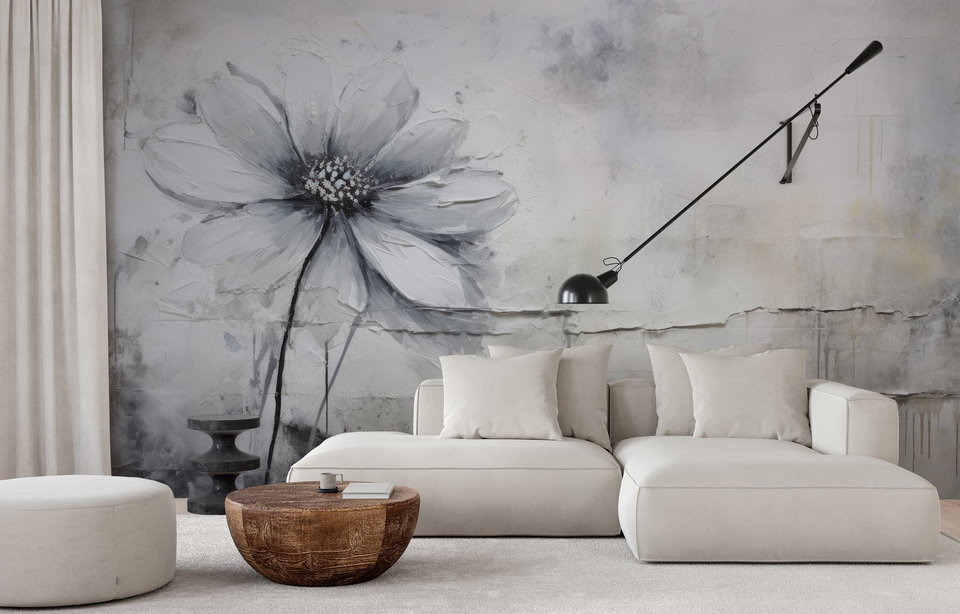 Zdjęcie prezentuje aranżację wnętrza z użyciem fototapety o nazwie SILVER BLOSSOM ABSTRACT pokazanej w aranżacji wnętrza.