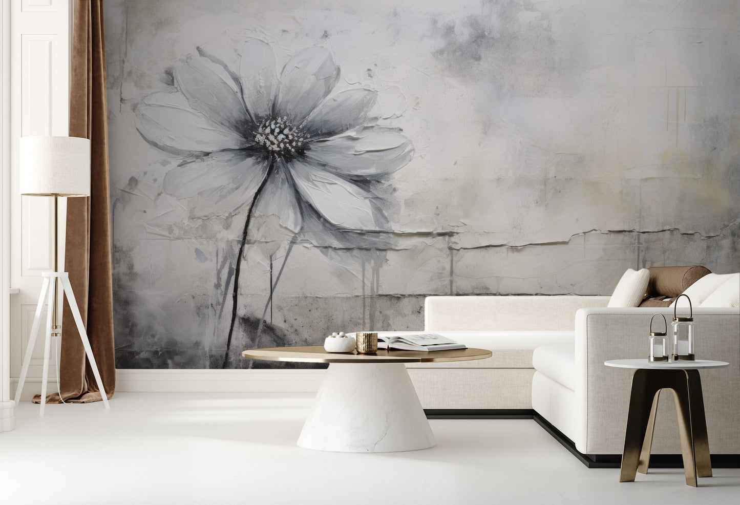 Wzór fototapety artystycznej o nazwie SILVER BLOSSOM ABSTRACT pokazanej w aranżacji wnętrza.