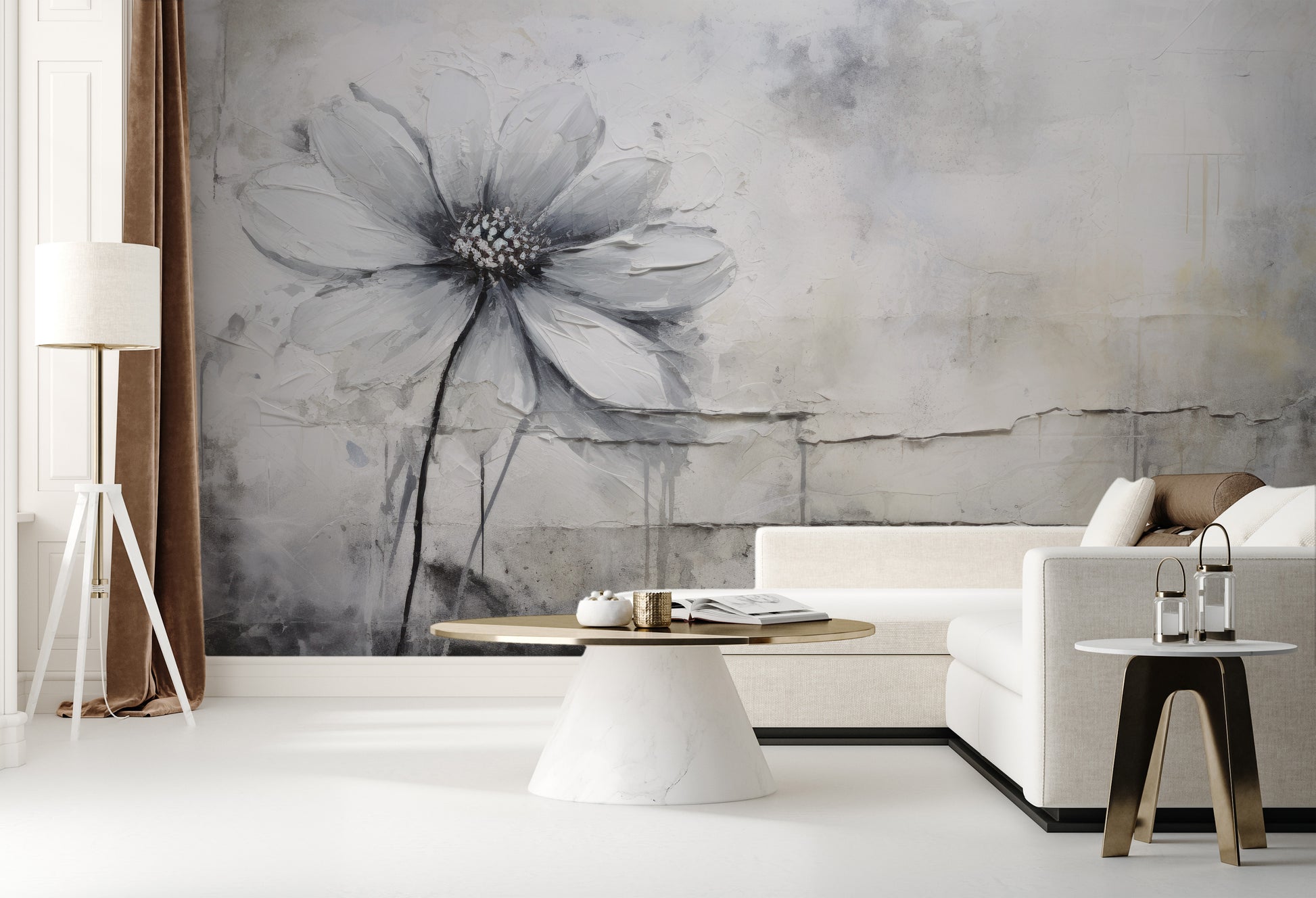 Wzór fototapety artystycznej o nazwie SILVER BLOSSOM ABSTRACT pokazanej w aranżacji wnętrza.