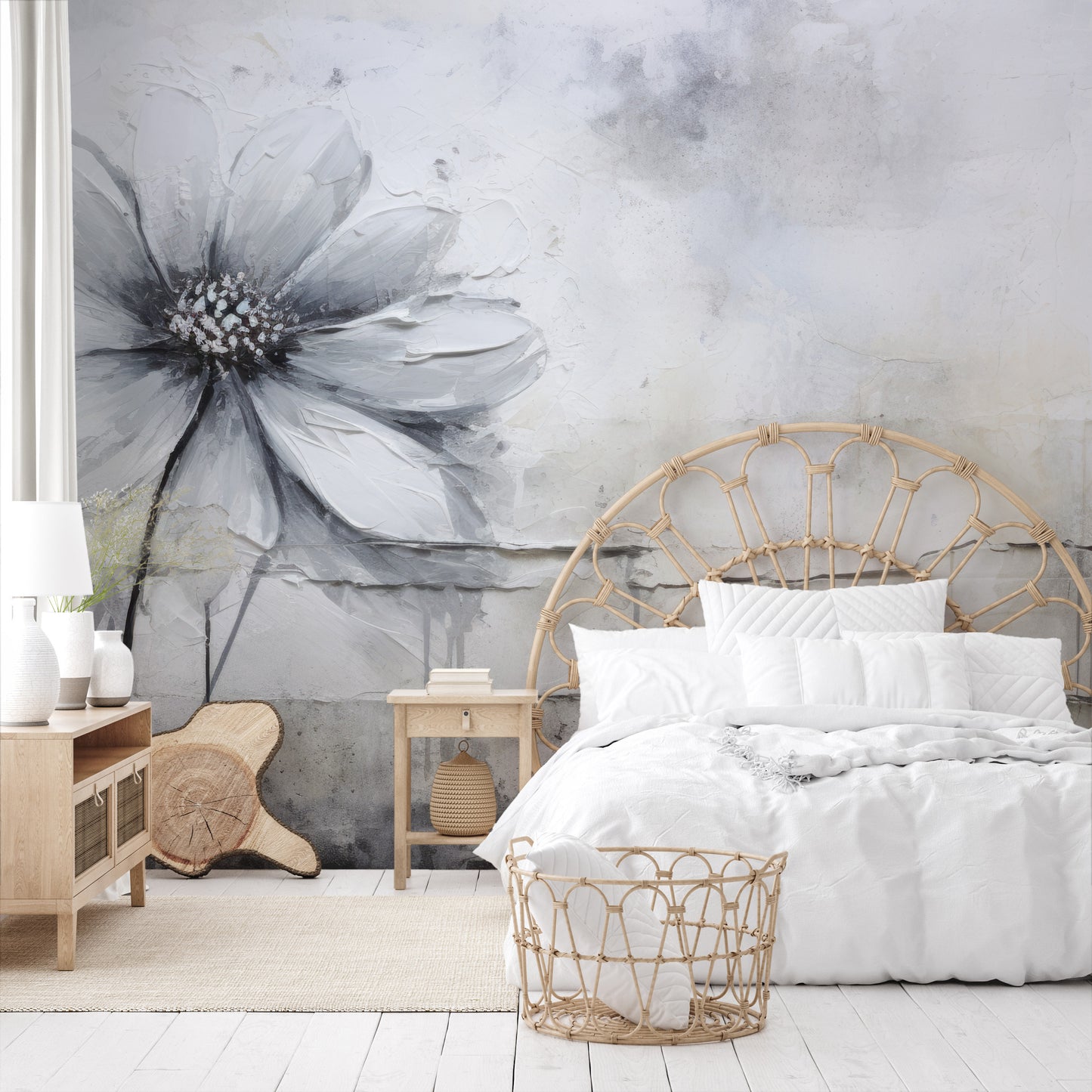 Fototapeta artystyczna o nazwie SILVER BLOSSOM ABSTRACT pokazana w aranżacji wnętrza.
