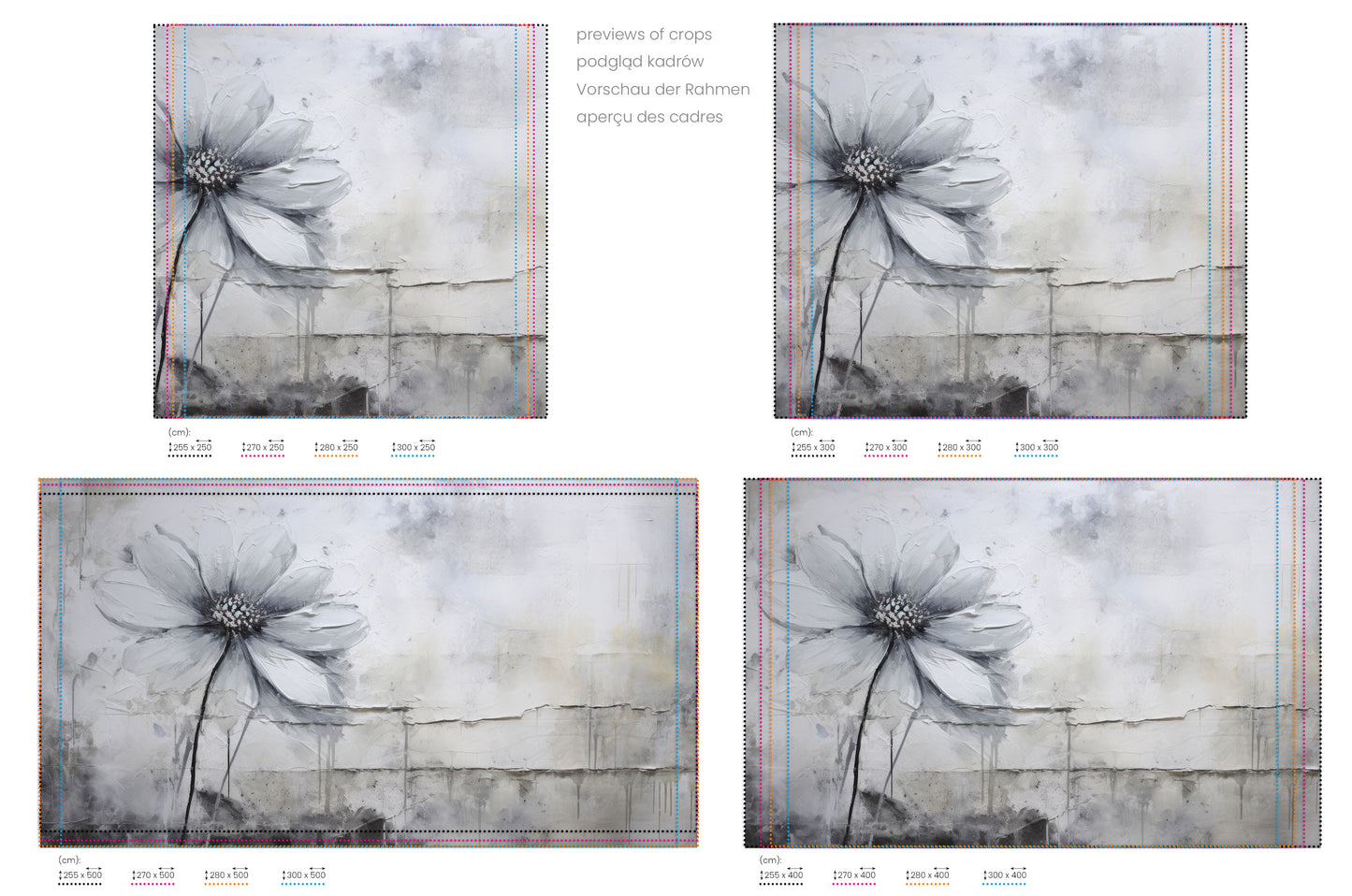 Na obrazie znajduje się prezentacja przykładowych rozmiarów fototapety o nazwie SILVER BLOSSOM ABSTRACT. Rozmiar fototapety jest dowolny.