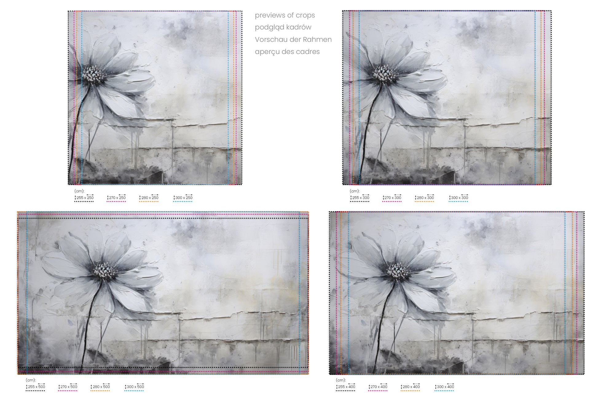 Na obrazie znajduje się prezentacja przykładowych rozmiarów fototapety o nazwie SILVER BLOSSOM ABSTRACT. Rozmiar fototapety jest dowolny.