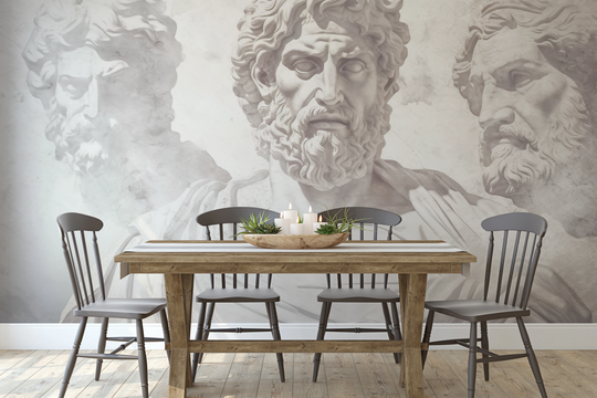 Wzór fototapety artystycznej o nazwie Stoic Wisdom Revisited pokazanej w aranżacji wnętrza.