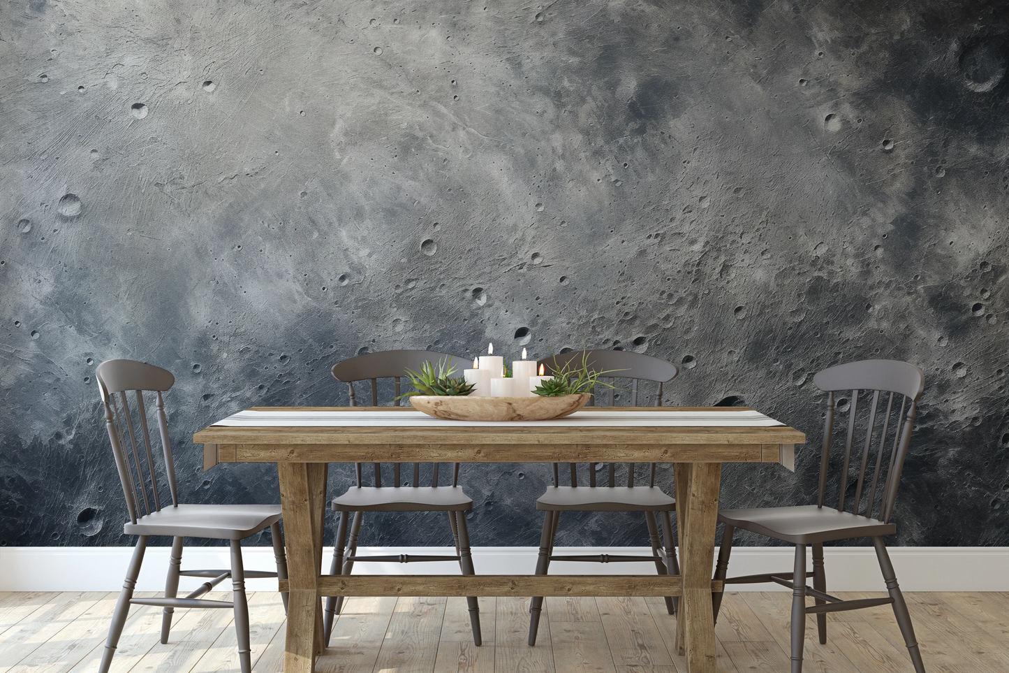 Zdjęcie prezentuje aranżację wnętrza z użyciem fototapety o nazwie Moon's Mystery pokazanej w aranżacji wnętrza.