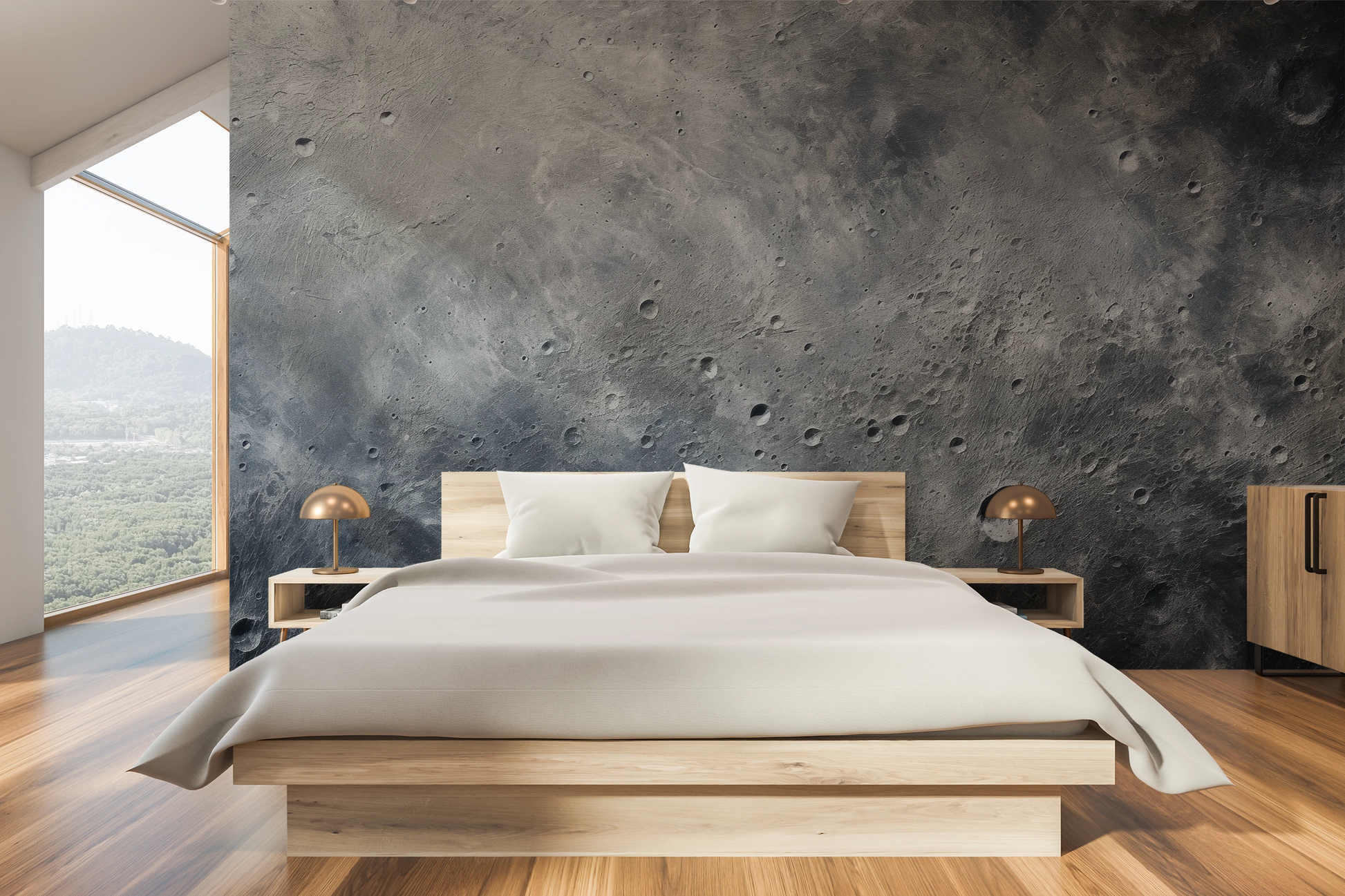 Wzór fototapety malowanej o nazwie Moon's Mystery pokazanej w aranżacji wnętrza.