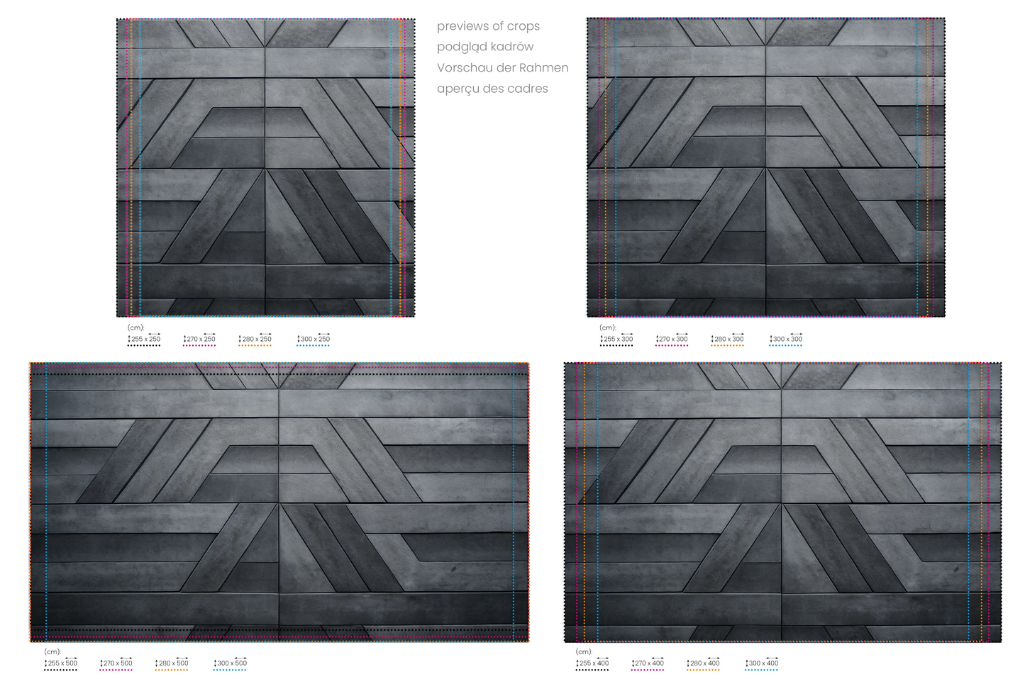 Na obrazie znajduje się prezentacja przykładowych rozmiarów fototapety o nazwie Geometric Pathways. Rozmiar fototapety jest dowolny.