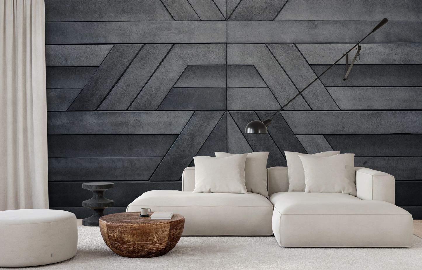 Wzór fototapety malowanej o nazwie Geometric Pathways pokazanej w aranżacji wnętrza.