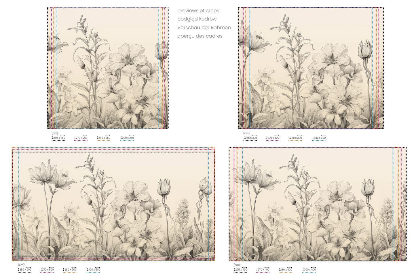 Na obrazie znajduje się prezentacja przykładowych rozmiarów fototapety o nazwie Verdant Dreams. Rozmiar fototapety jest dowolny.