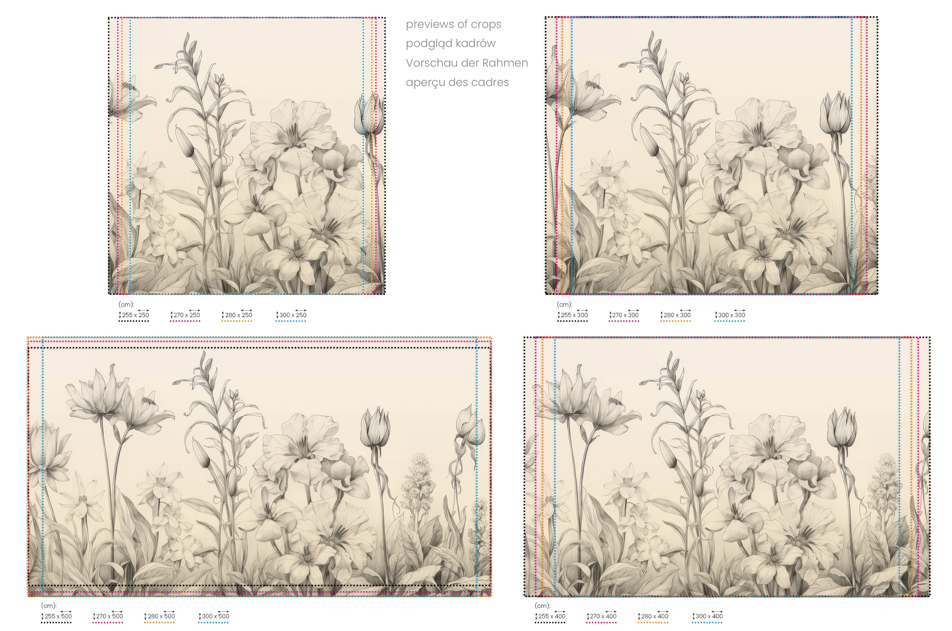 Na obrazie znajduje się prezentacja przykładowych rozmiarów fototapety o nazwie Verdant Dreams. Rozmiar fototapety jest dowolny.