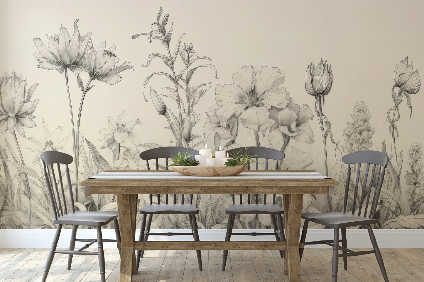 Wzór fototapety artystycznej o nazwie Verdant Dreams pokazanej w aranżacji wnętrza.