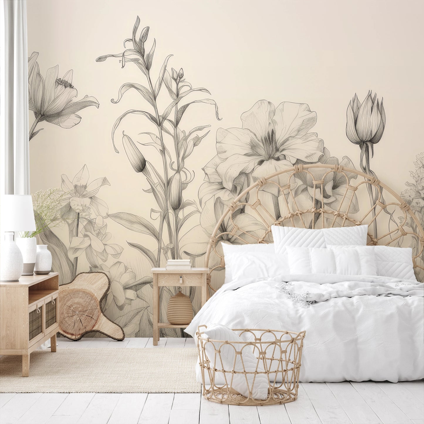 Wzór fototapety malowanej o nazwie Verdant Dreams pokazanej w aranżacji wnętrza.