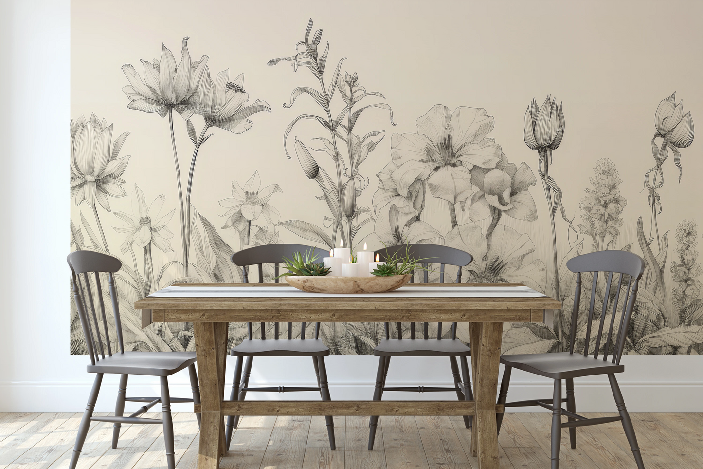 Zdjęcie prezentuje aranżację wnętrza z użyciem fototapety o nazwie Verdant Dreams pokazanej w aranżacji wnętrza.