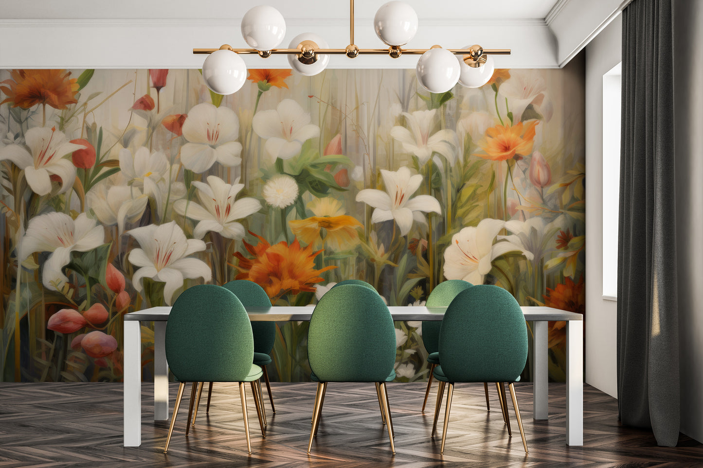 Fototapeta artystyczna o nazwie Floral Sunrise pokazana w aranżacji wnętrza.