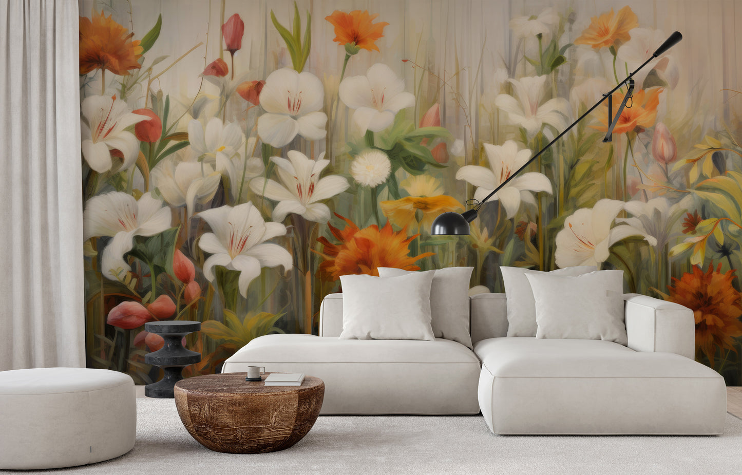 Wzór fototapety artystycznej o nazwie Floral Sunrise pokazanej w aranżacji wnętrza.