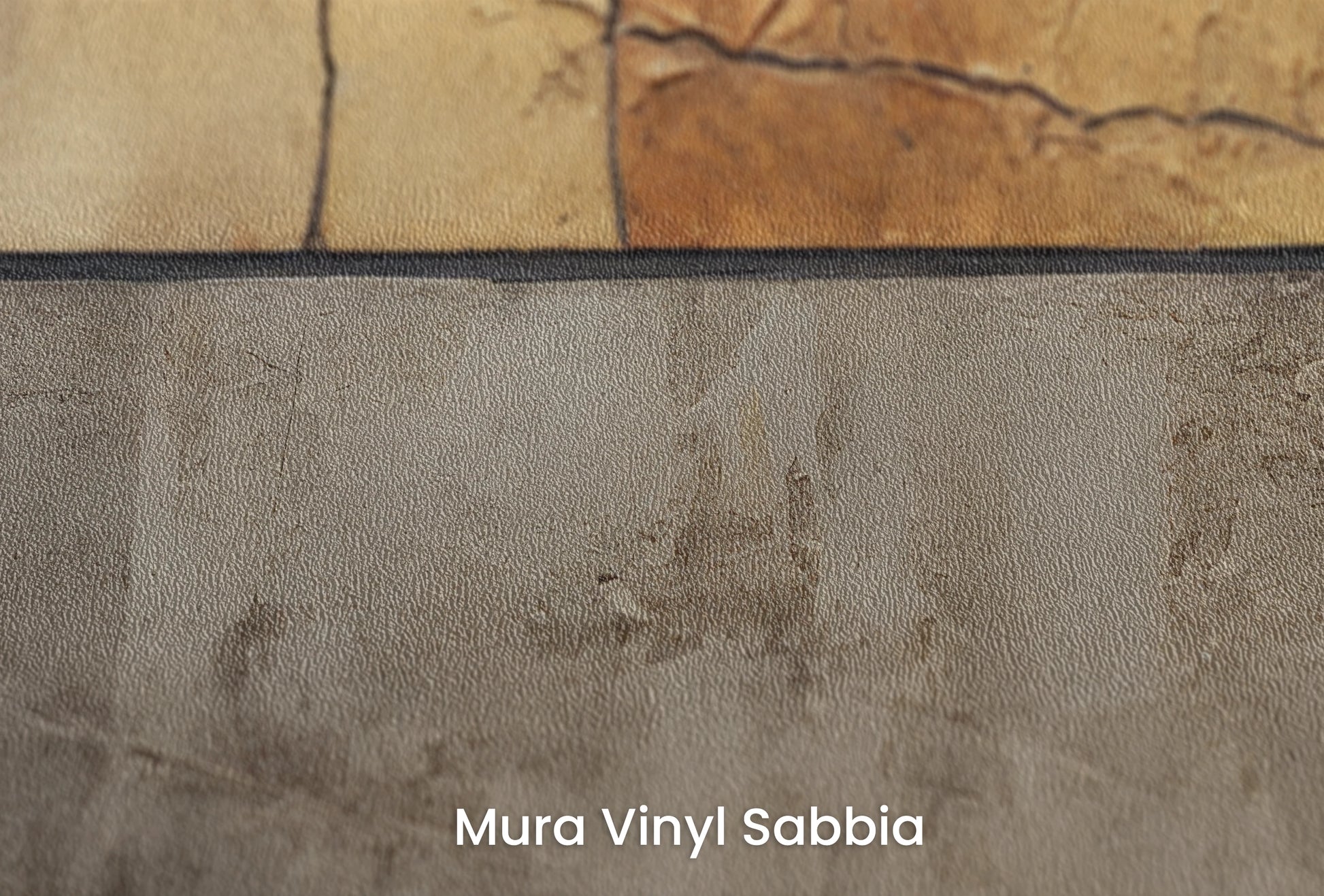 Zbliżenie na artystyczną fototapetę o nazwie Golden Divide na podłożu Mura Vinyl Sabbia struktura grubego ziarna piasku.