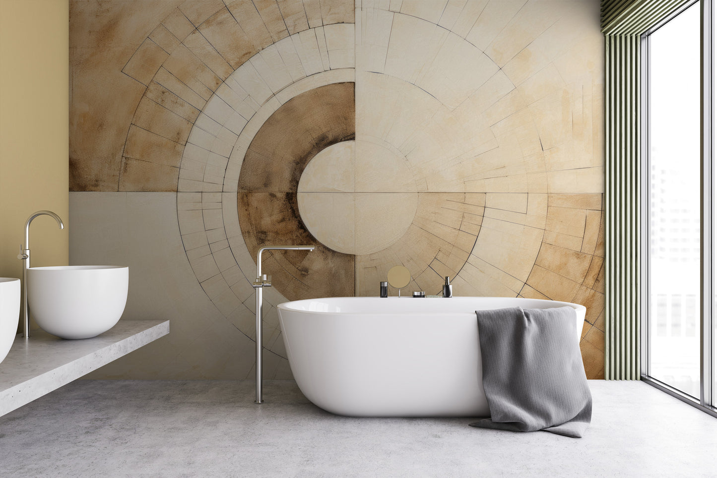 Wzór fototapety o nazwie SEPIA GEOMETRIC AURORA pokazanej w kontekście pomieszczenia.