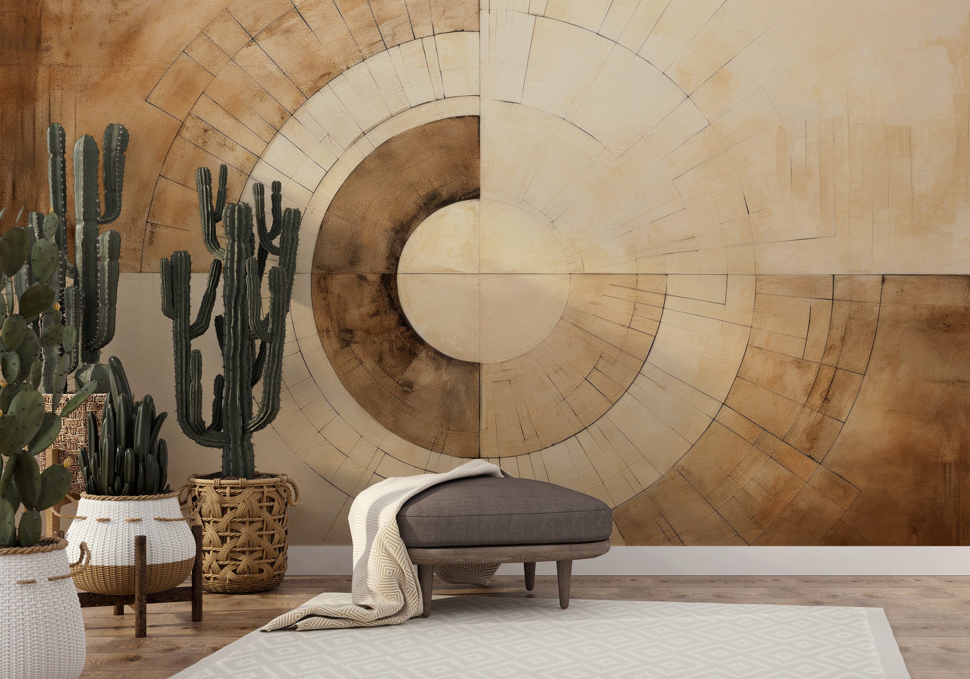 Fototapeta artystyczna o nazwie SEPIA GEOMETRIC AURORA pokazana w aranżacji wnętrza.