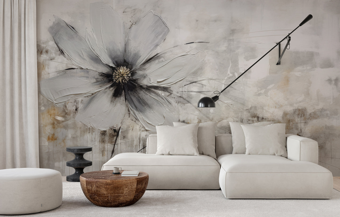 Wzór fototapety malowanej o nazwie MONOCHROME FLORAL ELEGANCE pokazanej w aranżacji wnętrza.