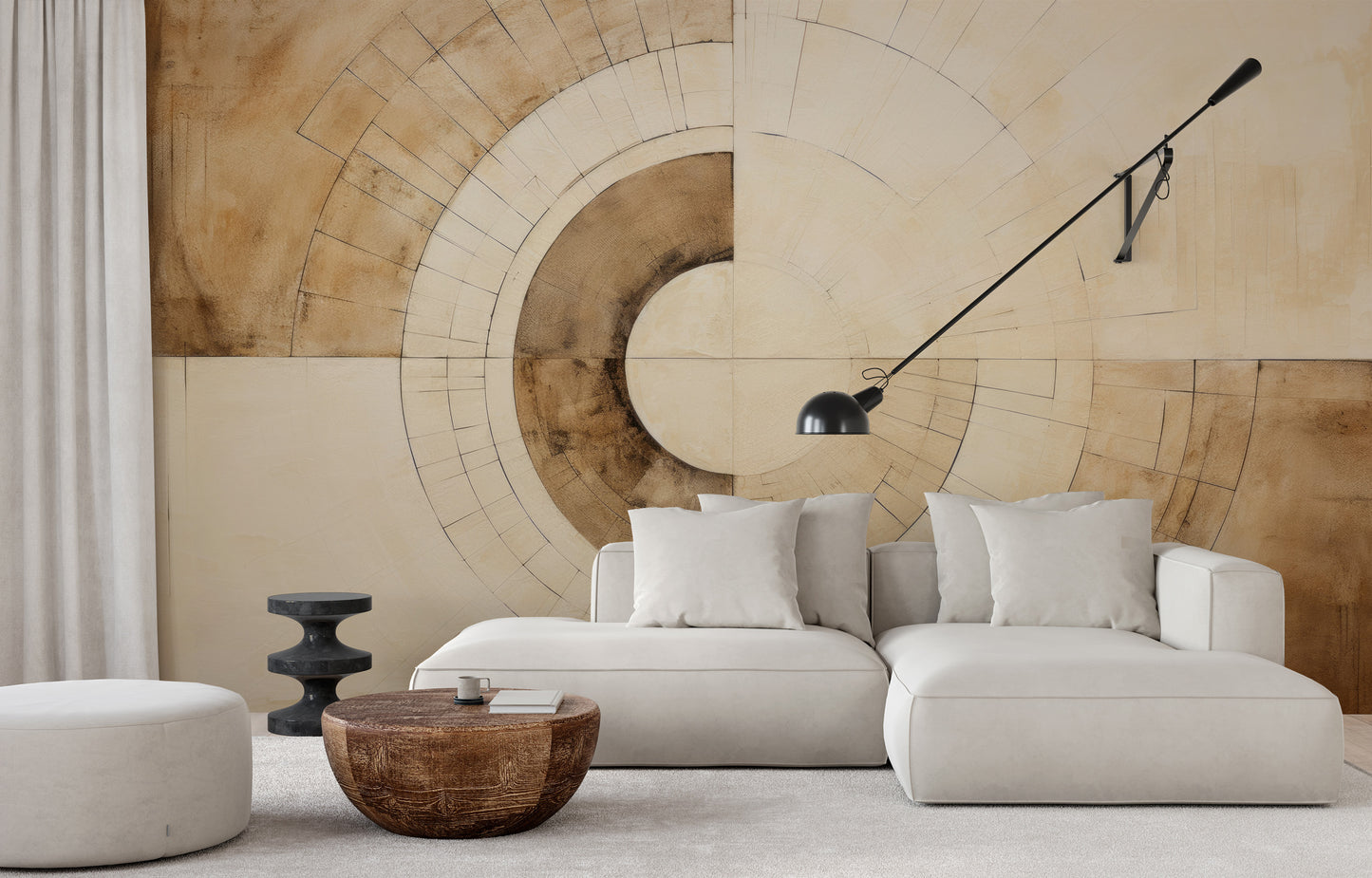 Wzór fototapety malowanej o nazwie SEPIA GEOMETRIC AURORA pokazanej w aranżacji wnętrza.