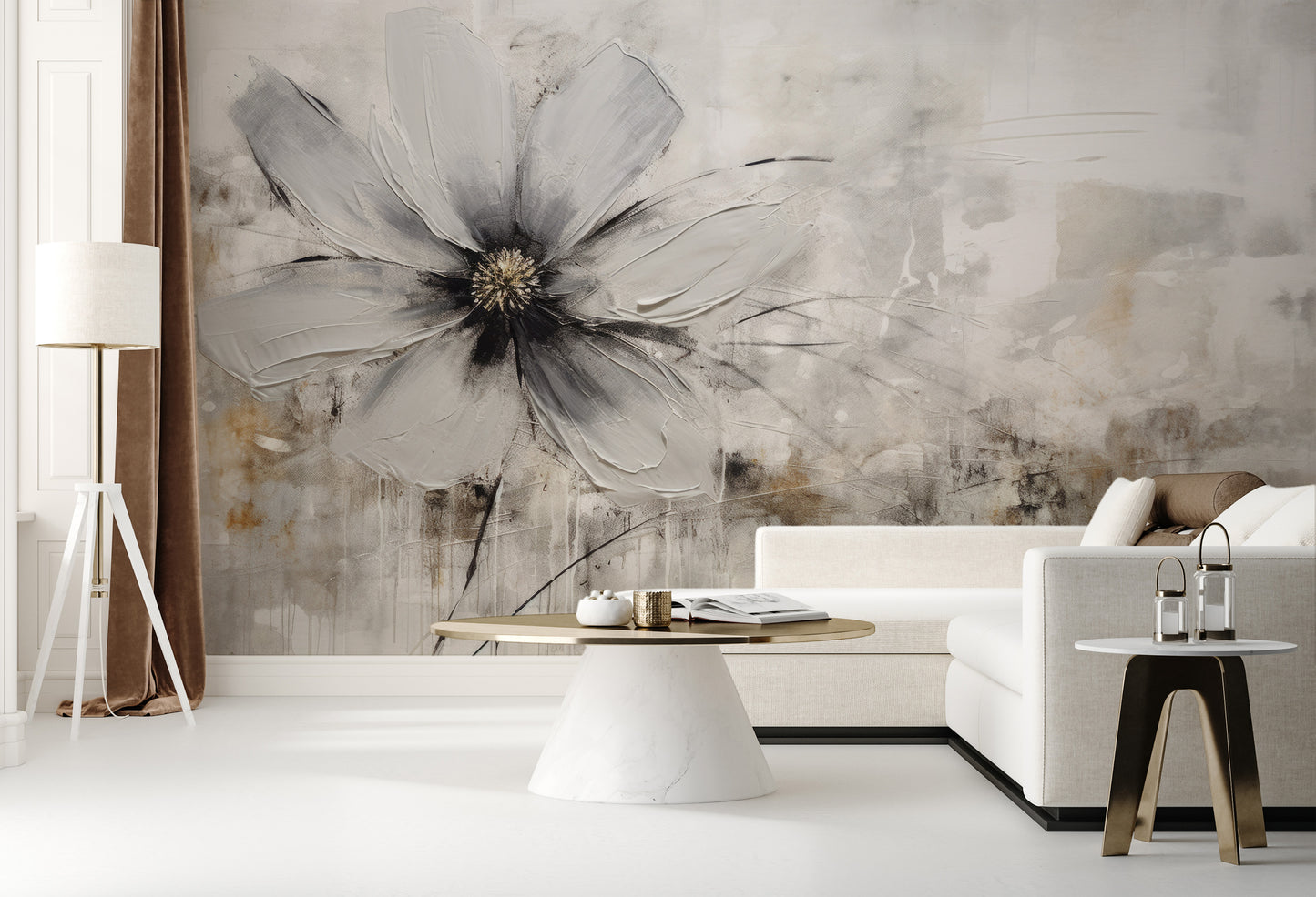 Fototapeta artystyczna o nazwie MONOCHROME FLORAL ELEGANCE pokazana w aranżacji wnętrza.