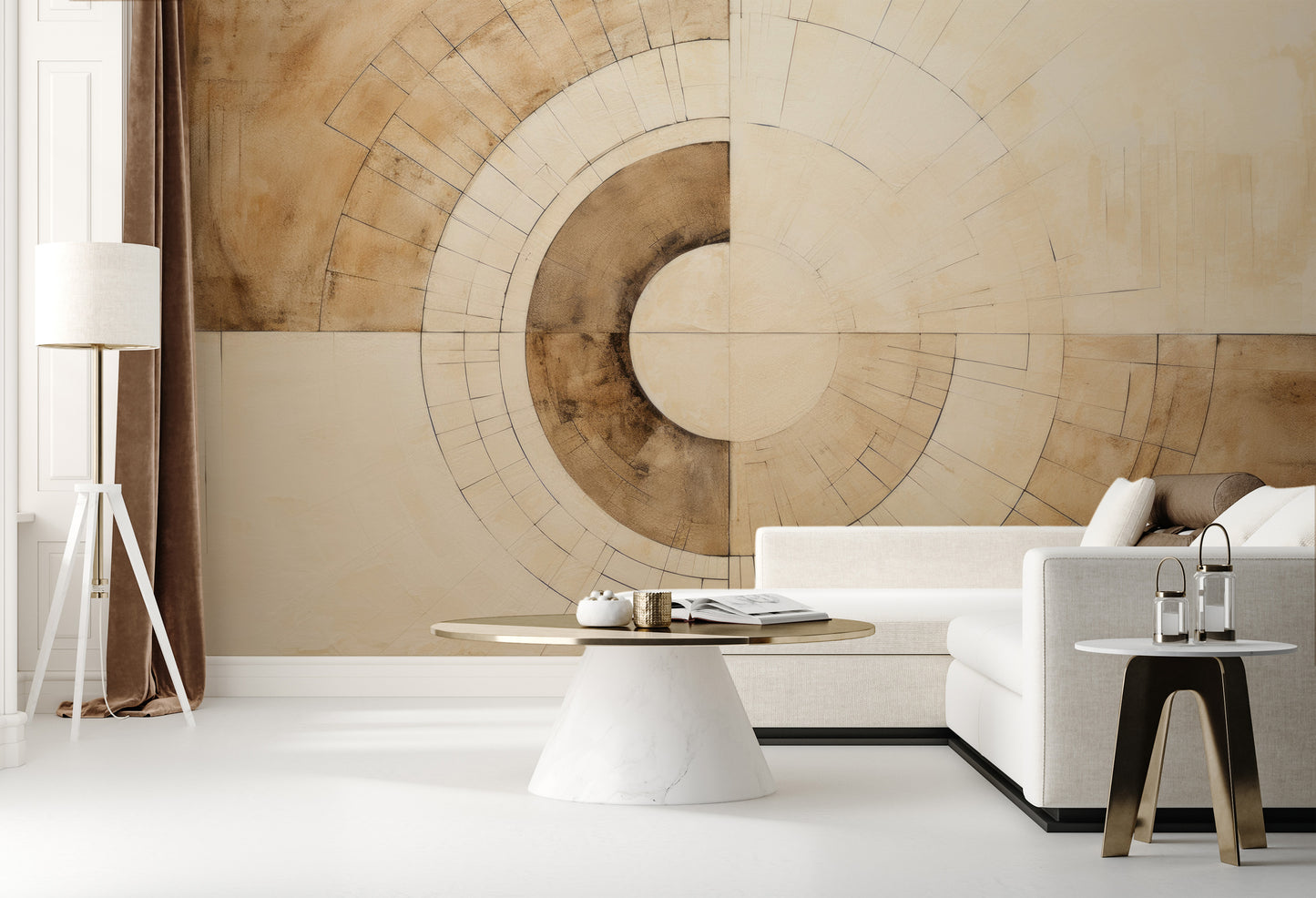 Zdjęcie prezentuje aranżację wnętrza z użyciem fototapety o nazwie SEPIA GEOMETRIC AURORA pokazanej w aranżacji wnętrza.