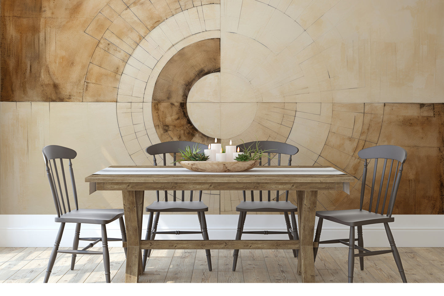 Wzór fototapety artystycznej o nazwie SEPIA GEOMETRIC AURORA pokazanej w aranżacji wnętrza.