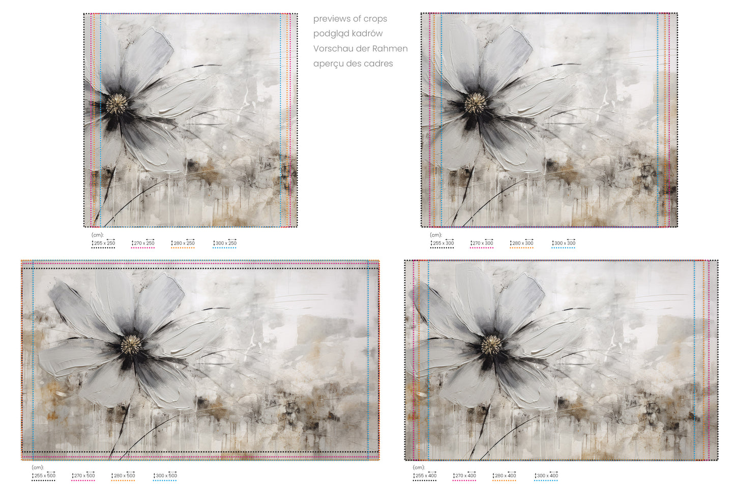 Na obrazie znajduje się prezentacja przykładowych rozmiarów fototapety o nazwie MONOCHROME FLORAL ELEGANCE. Rozmiar fototapety jest dowolny.