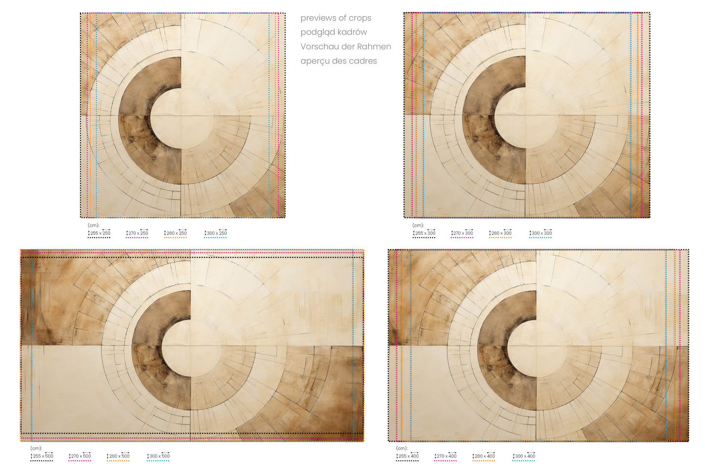 Na obrazie znajduje się prezentacja przykładowych rozmiarów fototapety o nazwie SEPIA GEOMETRIC AURORA. Rozmiar fototapety jest dowolny.