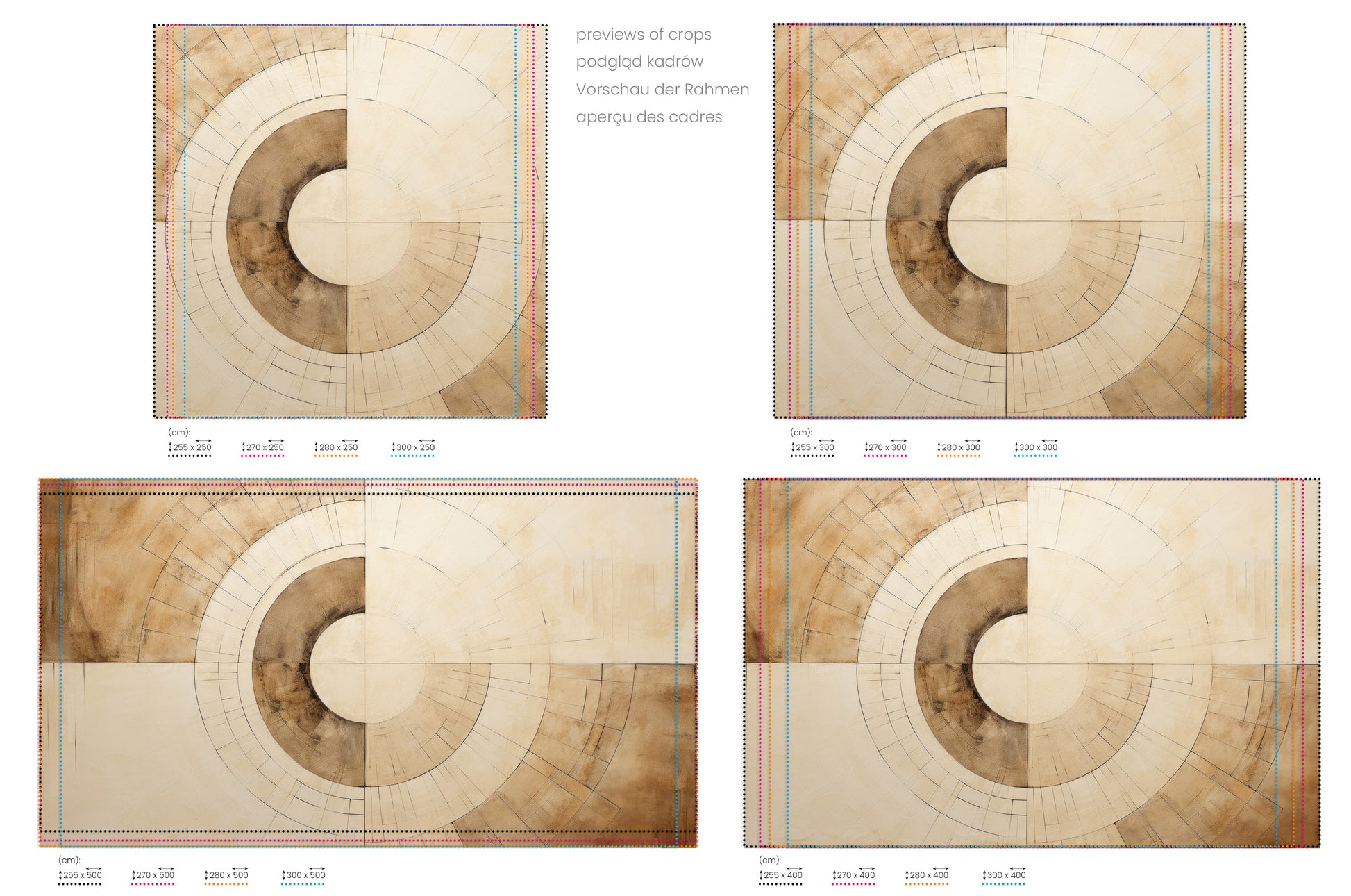 Na obrazie znajduje się prezentacja przykładowych rozmiarów fototapety o nazwie SEPIA GEOMETRIC AURORA. Rozmiar fototapety jest dowolny.