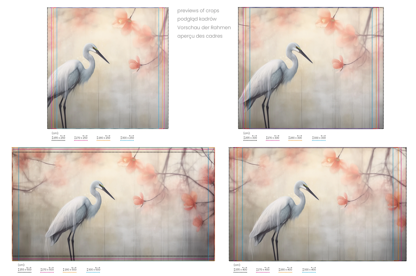 Na obrazie znajduje się prezentacja przykładowych rozmiarów fototapety o nazwie Heron Elegance. Rozmiar fototapety jest dowolny.