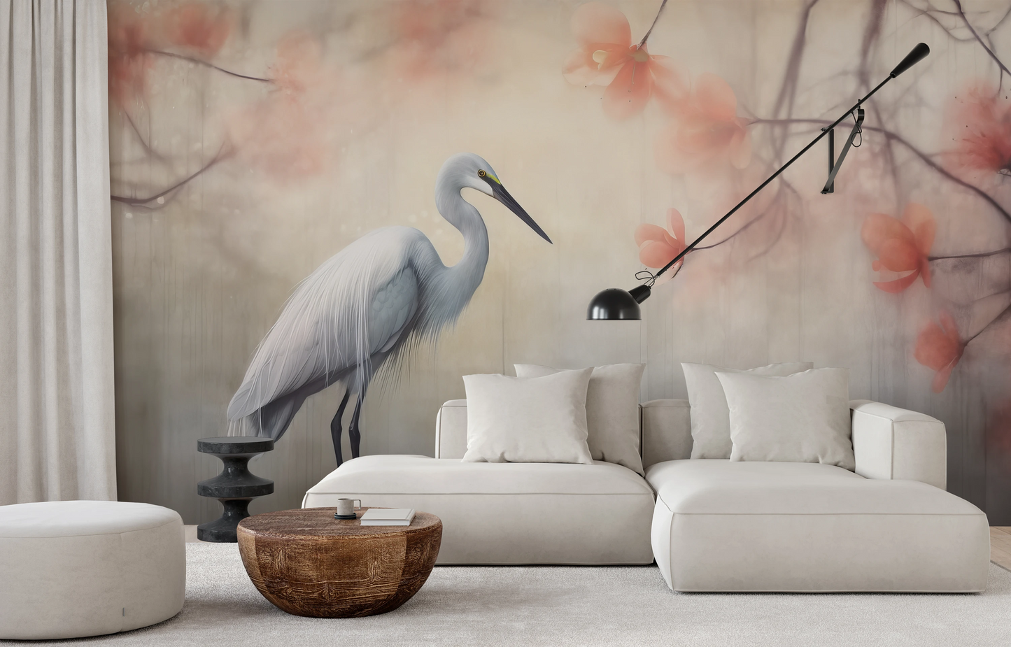 Zdjęcie prezentuje aranżację wnętrza z użyciem fototapety o nazwie Heron Elegance pokazanej w aranżacji wnętrza.