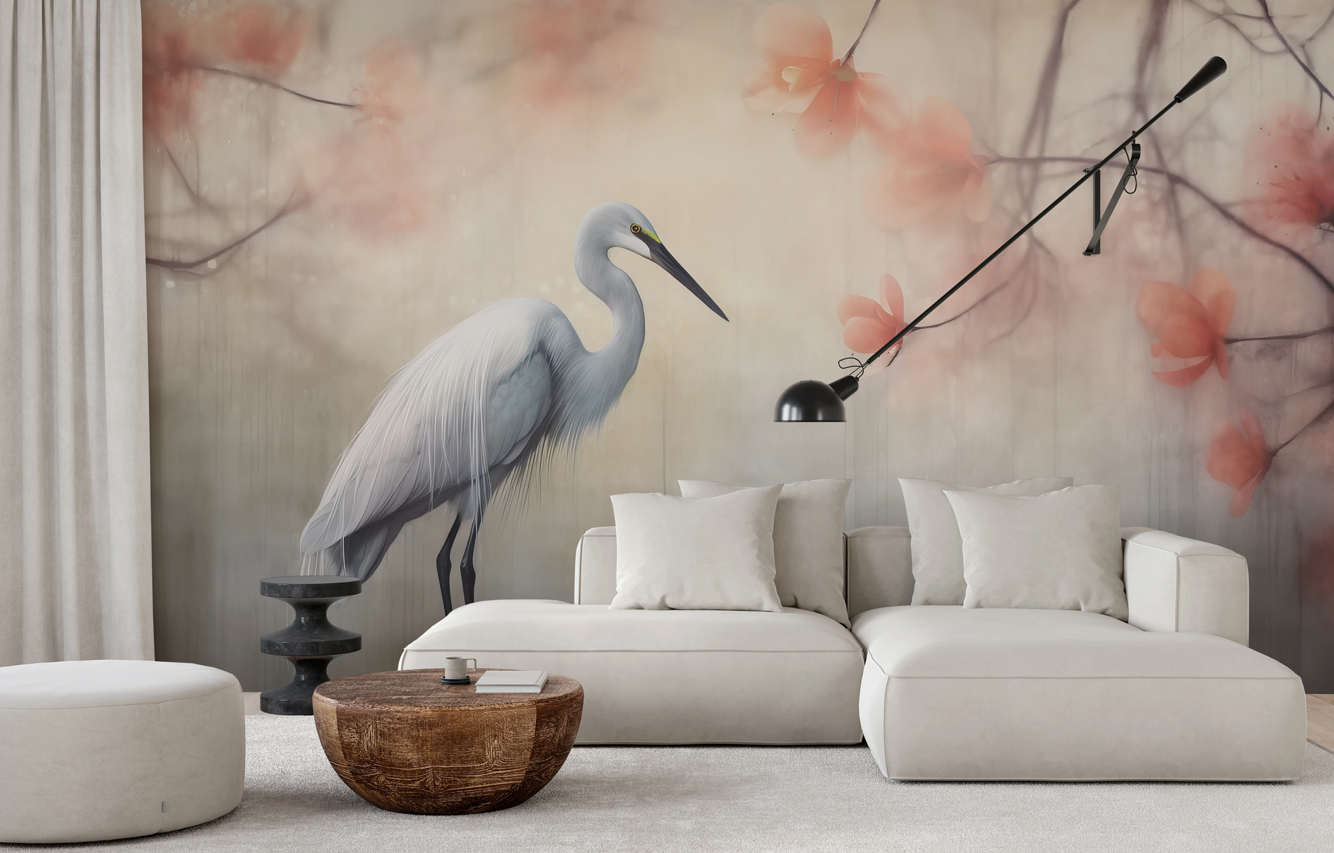 Zdjęcie prezentuje aranżację wnętrza z użyciem fototapety o nazwie Heron Elegance pokazanej w aranżacji wnętrza.