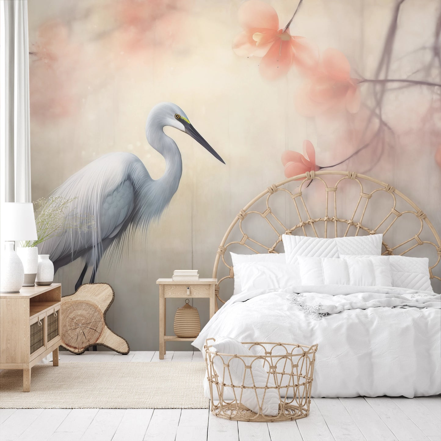 Wzór fototapety artystycznej o nazwie Heron Elegance pokazanej w aranżacji wnętrza.