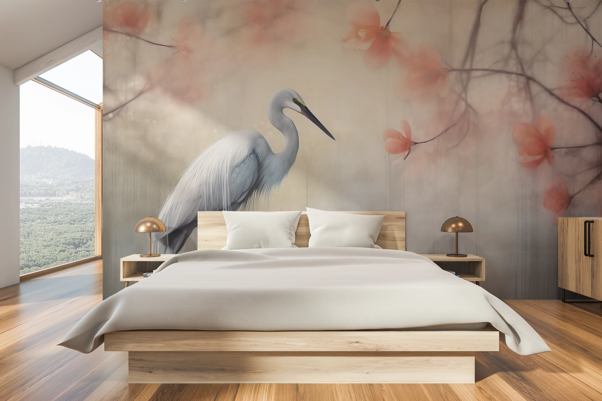 Fototapeta artystyczna o nazwie Heron Elegance pokazana w aranżacji wnętrza.