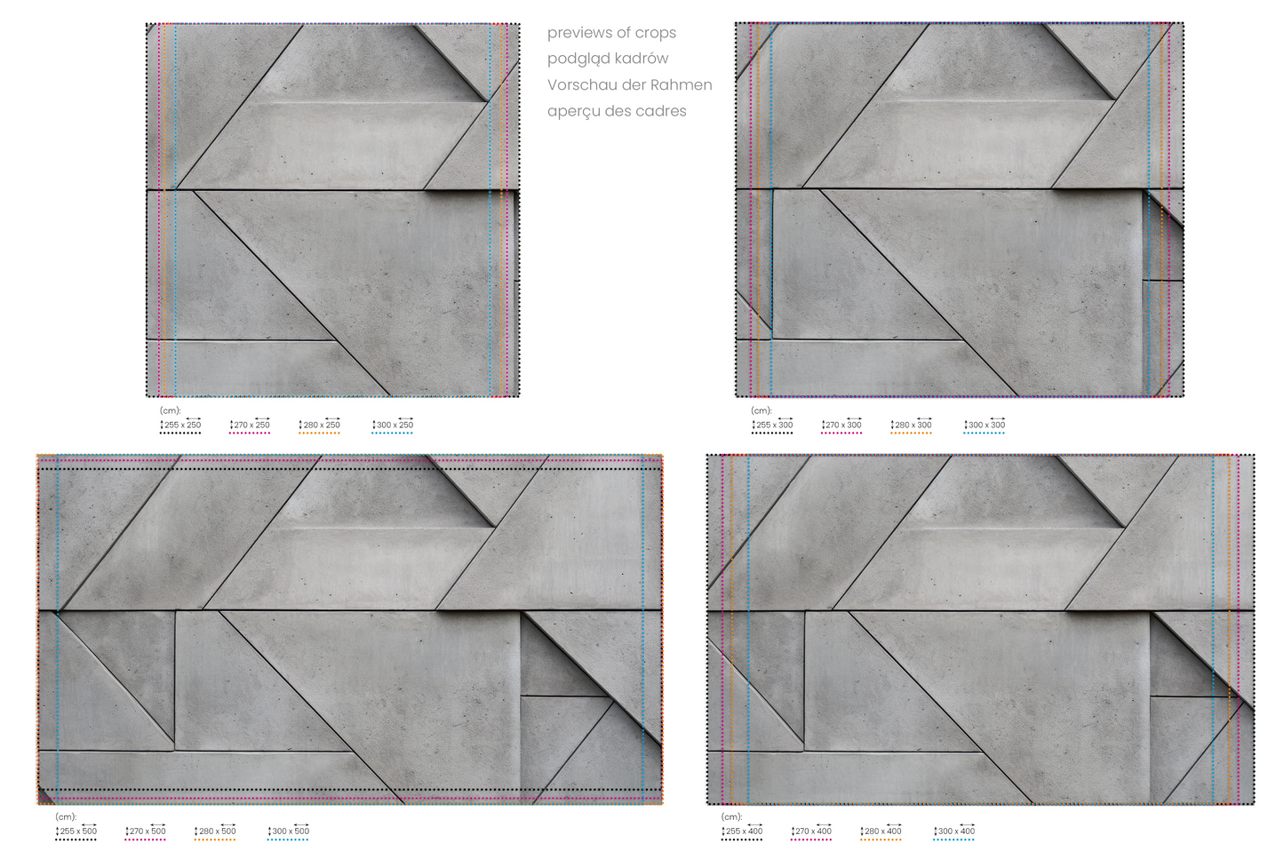 Na obrazie znajduje się prezentacja przykładowych rozmiarów fototapety o nazwie Angular Mosaic. Rozmiar fototapety jest dowolny.