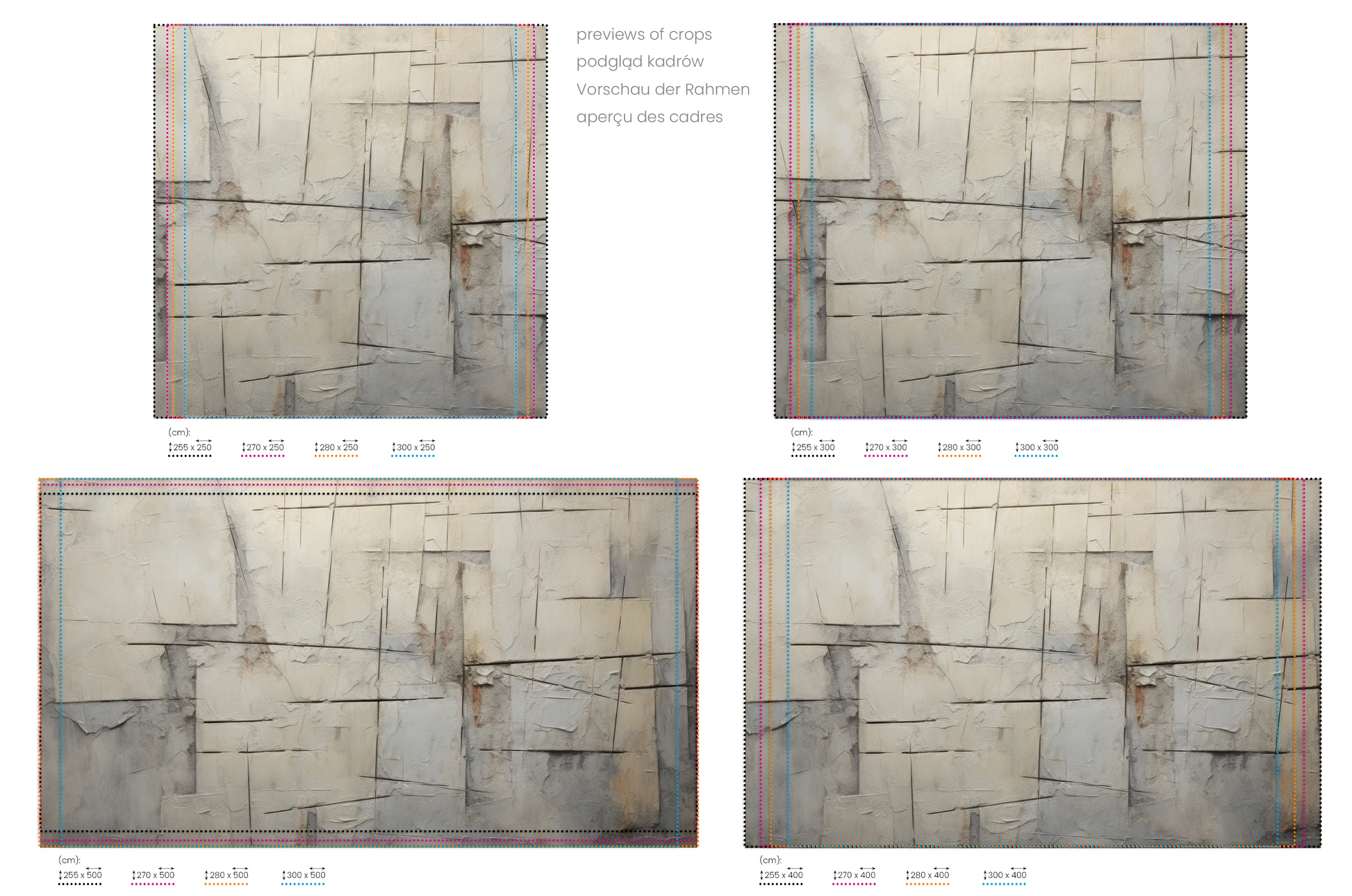 Na obrazie znajduje się prezentacja przykładowych rozmiarów fototapety o nazwie Abstract Plaster. Rozmiar fototapety jest dowolny.