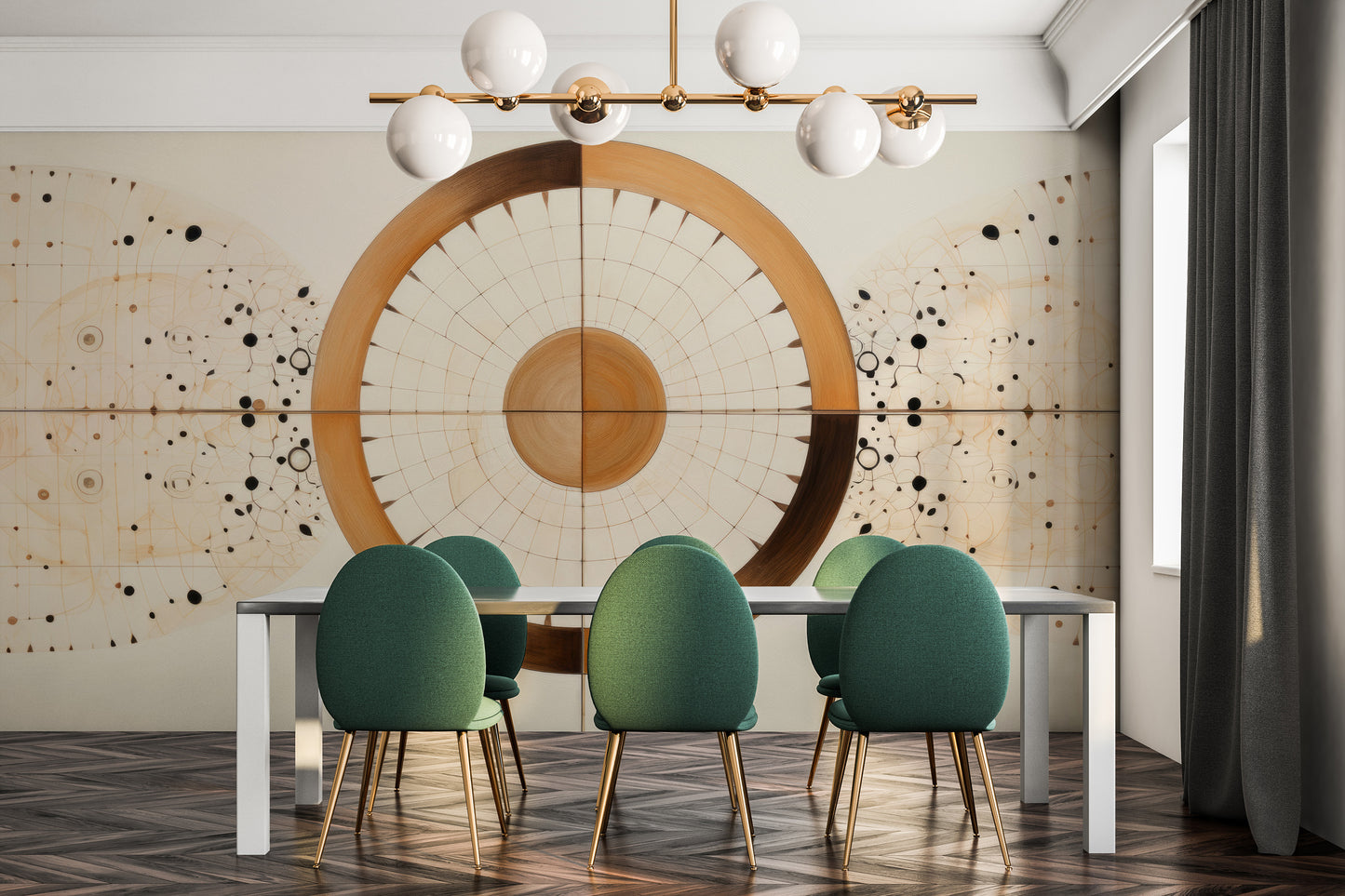 Fototapeta artystyczna o nazwie ORBITAL HARMONY IN WOODEN HUES pokazana w aranżacji wnętrza.