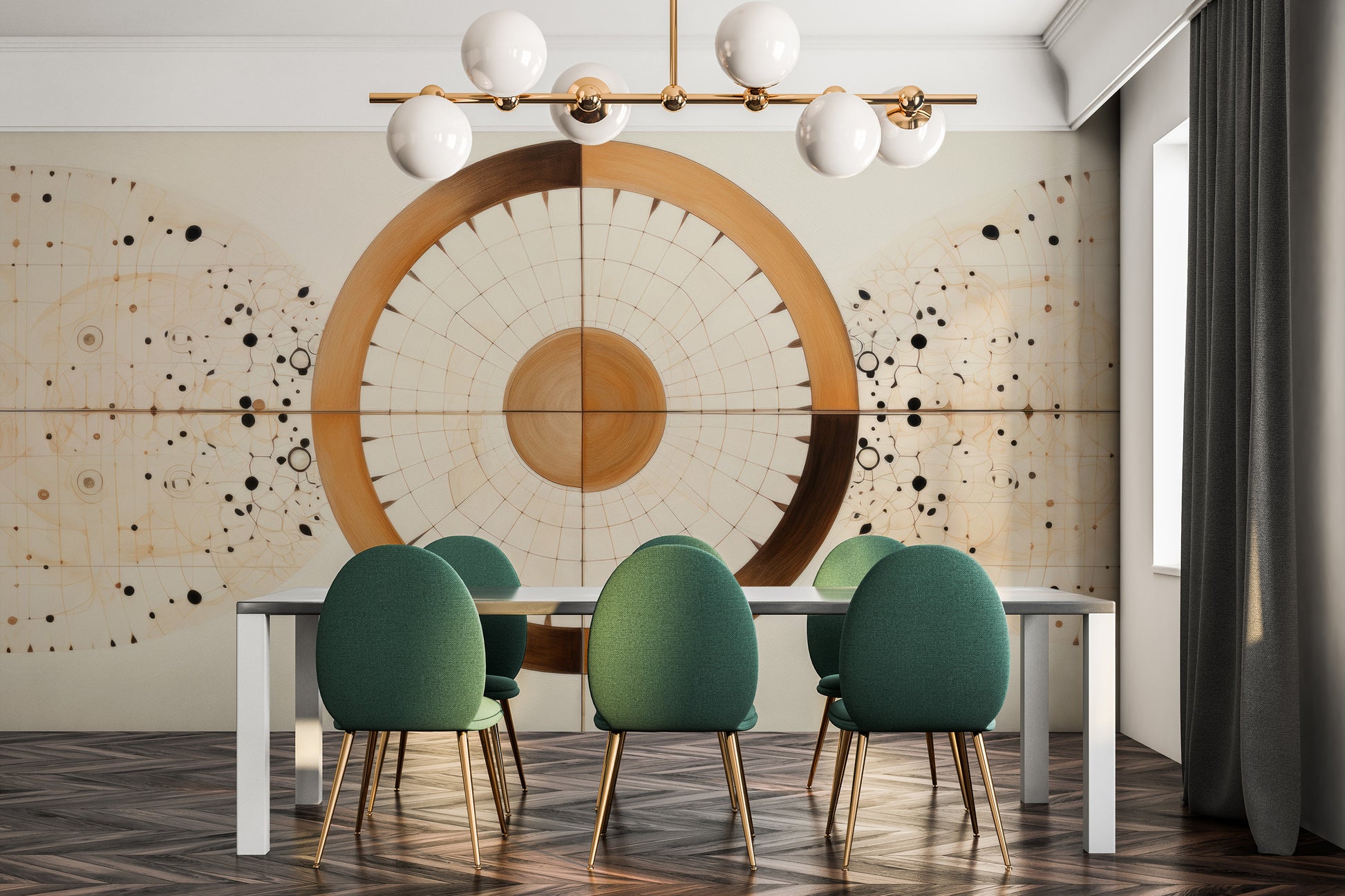 Fototapeta artystyczna o nazwie ORBITAL HARMONY IN WOODEN HUES pokazana w aranżacji wnętrza.