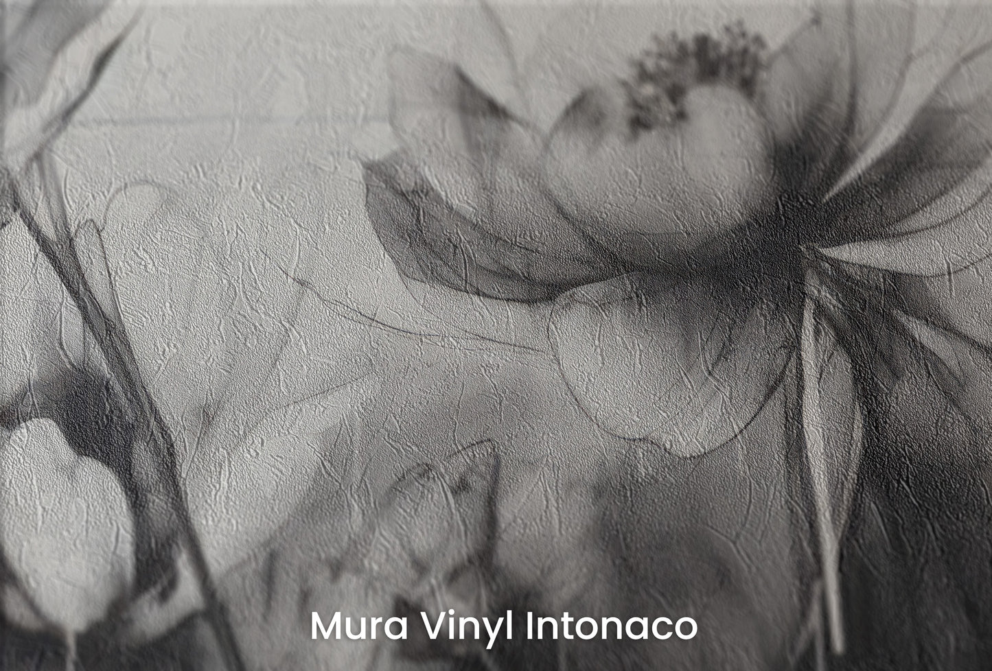 Zbliżenie na artystyczną fototapetę o nazwie GRAPHITE GARDEN GRACE na podłożu Mura Vinyl Intonaco - struktura tartego tynku.